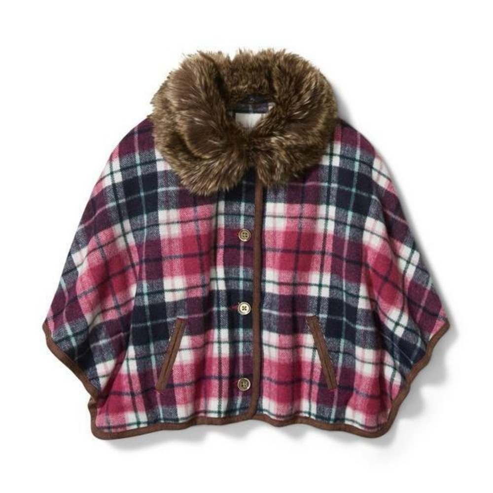 Janie and Jack Pink Navy Plaid Faux-Fur Collar Cape